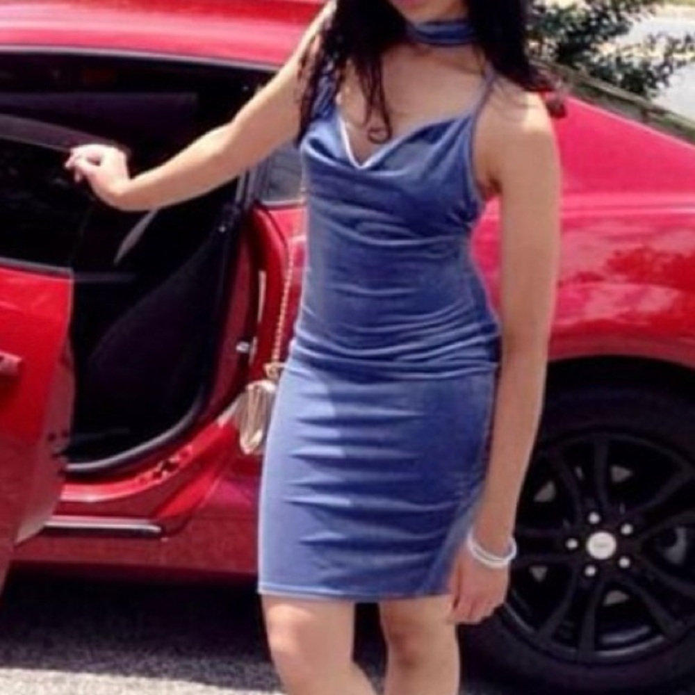 Fashion Nova Chrome Blue Velveteen Dress